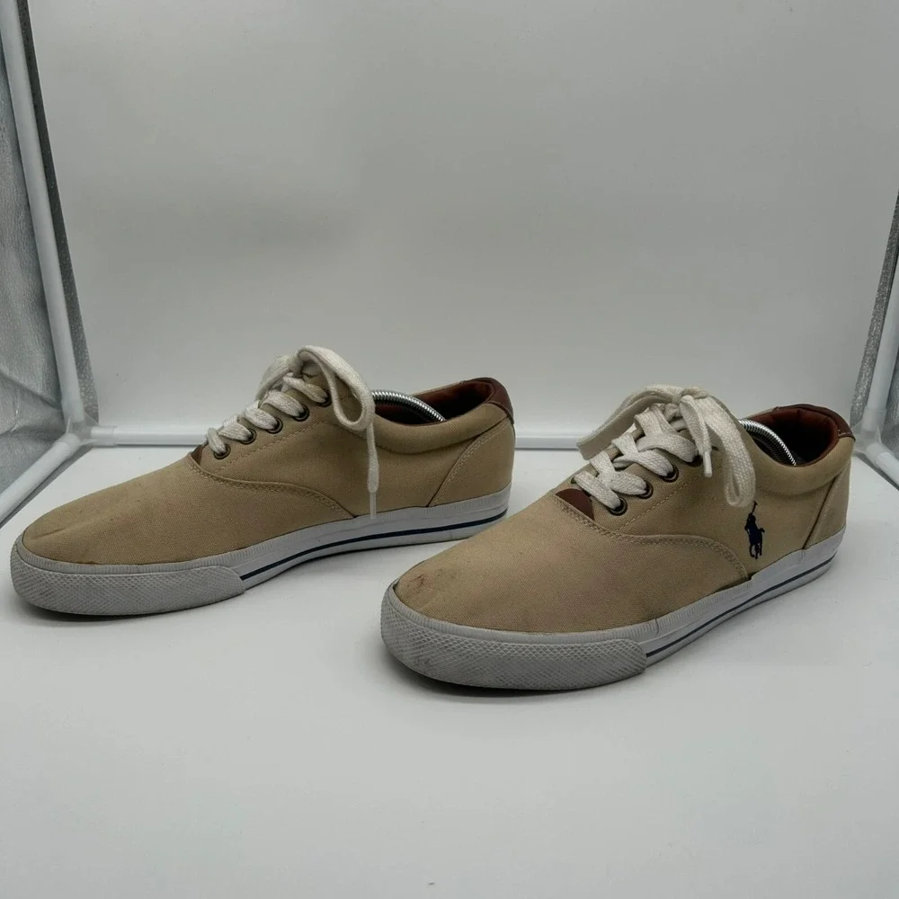 Polo Ralph Lauren Vaughn Sneaker Men 11 Solid Canvas‎ Leather Lace Up Khaki Tan